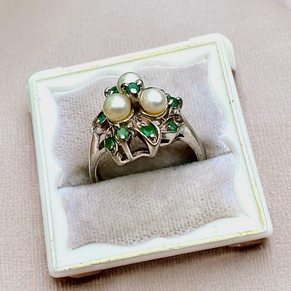 🌺Vintage Sterling Genuine Emerald/Pearl Ring - Picture 5 of 12